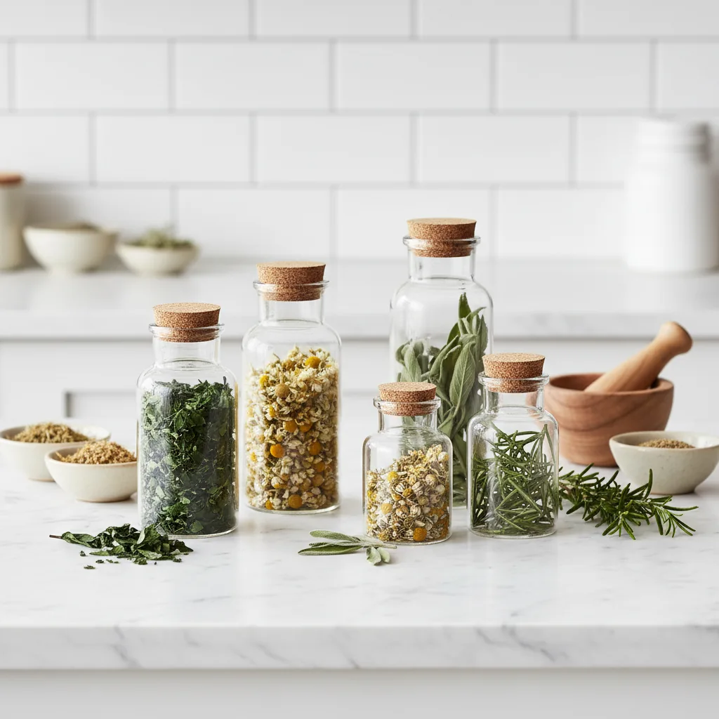 Small glass jars and botanical ingredients on a clean white kitchen counter