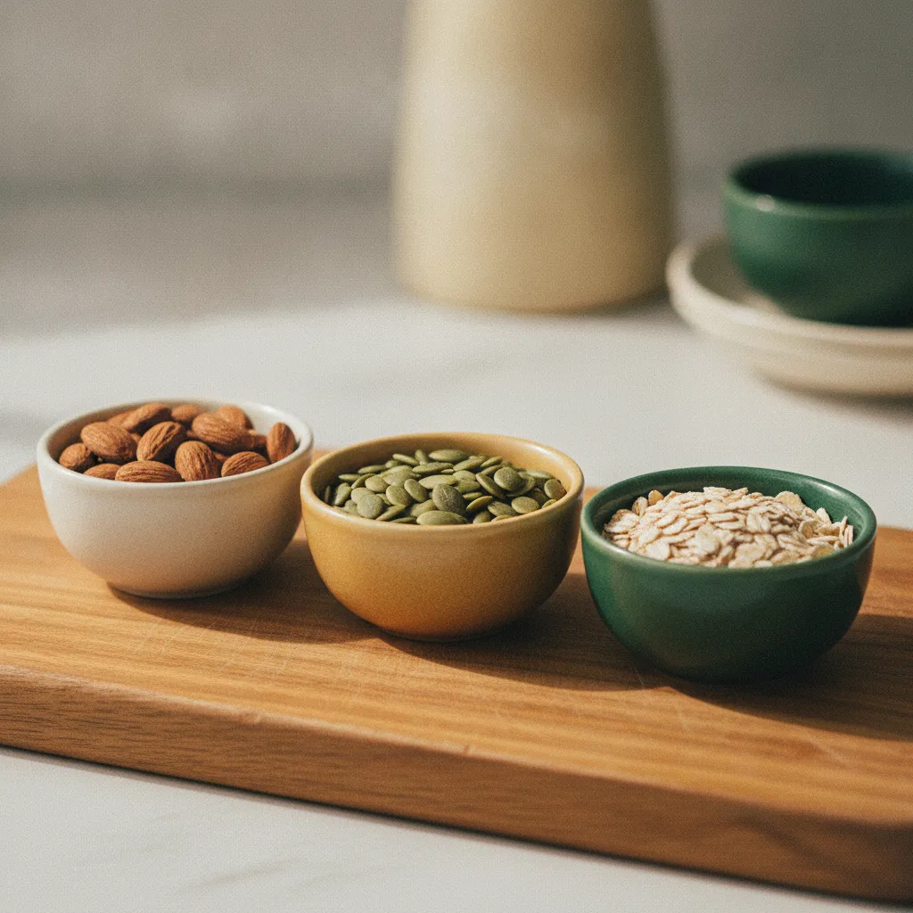 Almonds, pumpkin seeds and wholegrains in small ceramic bowls on a wooden board